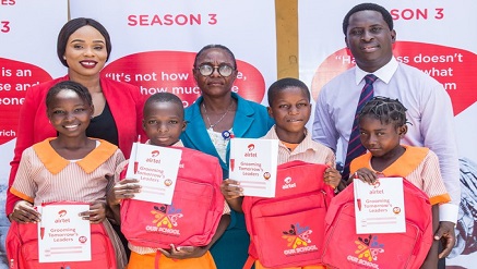(L-r): Chioma Okolie, CSR Lead, Airtel Nigeria; Mrs. Adunni Animashaun, head teacher, Oremeji Primary School; Erhumu Bayagbon, acting head, Public Relations, Airtel Nigeria; Kausara Ajibola; Emmanuel Ameh; Ojewole Soliu and Uratuchukwu Chisom, all Basic 6 Students of Oremeji Primary School 2 during the celebration of Children's Day 2017 and presentation of educational materials to students of Oremeji Primary School 2, Ajegunle, Lagos, recently.
